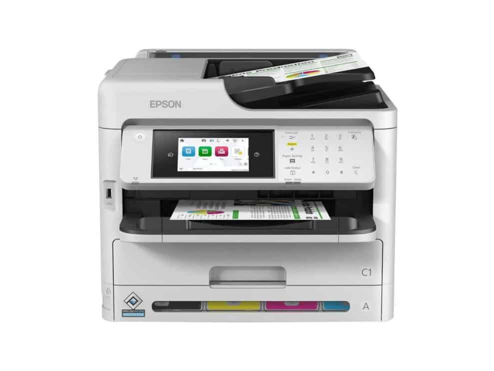 Epson all-in-one printer with touchscreen display.