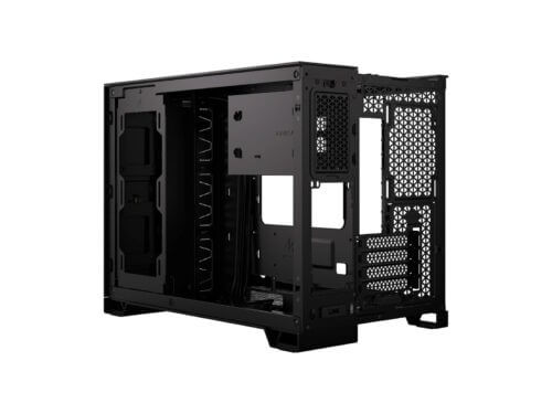Open black computer case with ventilation grid.