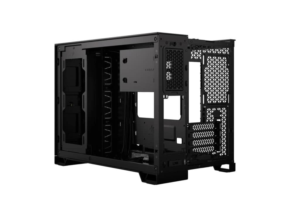Open black computer case with ventilation grid.