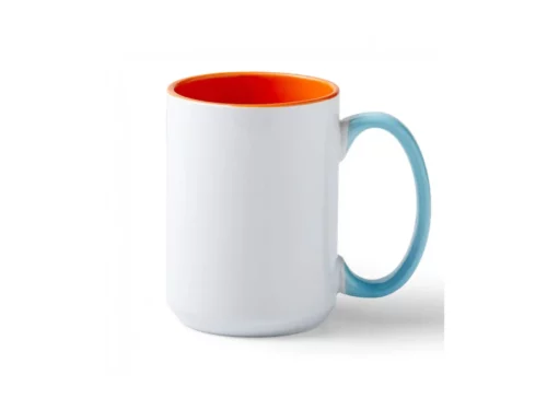White mug with orange interior and blue handle