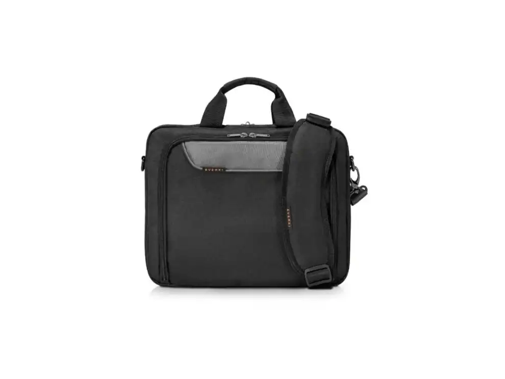 Black laptop bag with shoulder strap.