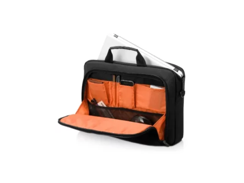 Black laptop bag with multiple compartments.
