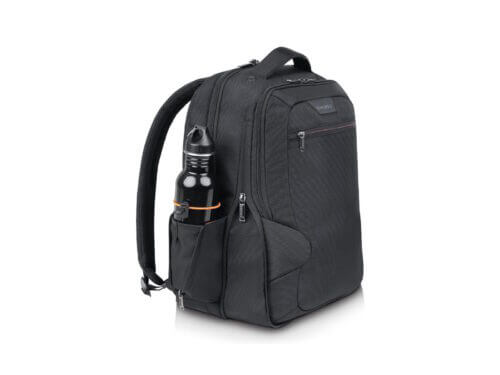 Black backpack with water bottle