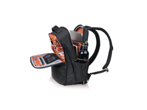 Open black backpack with compartments and water bottle.