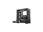 Open black computer case with spacious interior.