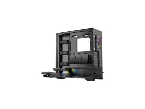 Open black computer case with spacious interior.
