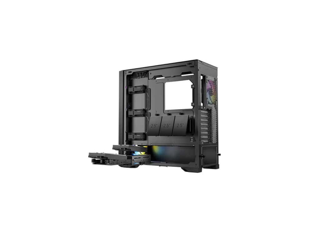 Open black computer case with spacious interior.