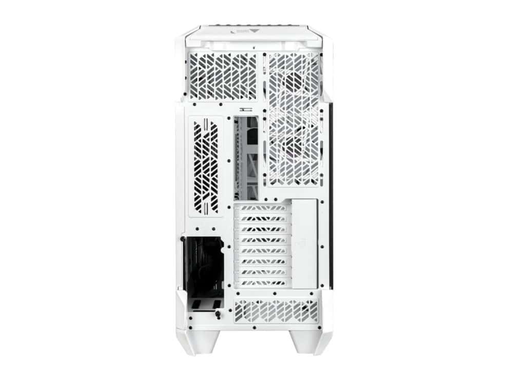 Back view of a white computer case