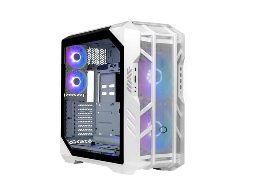 cooler master haf 700 full tower pc case; exclusive tool less technology; argb gen2 ready with masterplus+ integration white White PC case with RGB fans