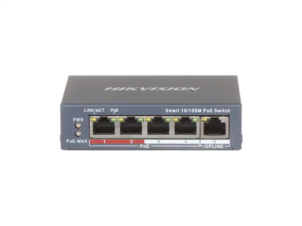 Hikvision smart PoE switch, front view.