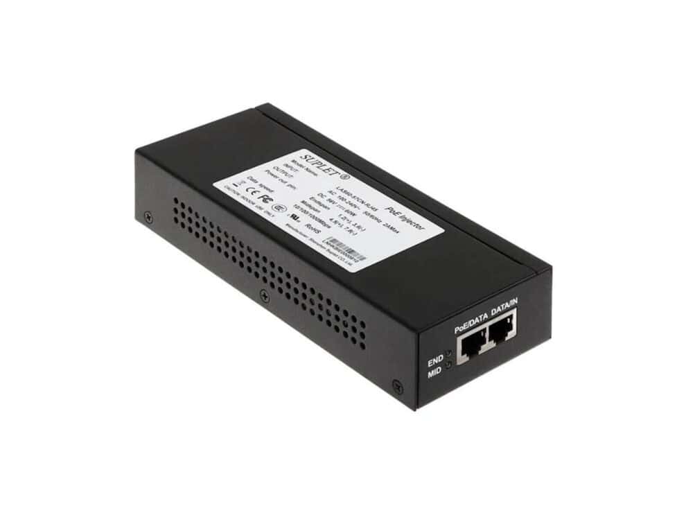 hikvision poe las60 57cn rj45 60w Gigabit PoE injector with dual Ethernet ports.