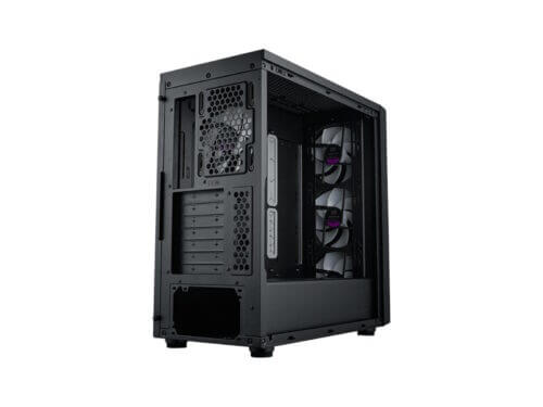 Open computer tower with cooling fans visible.