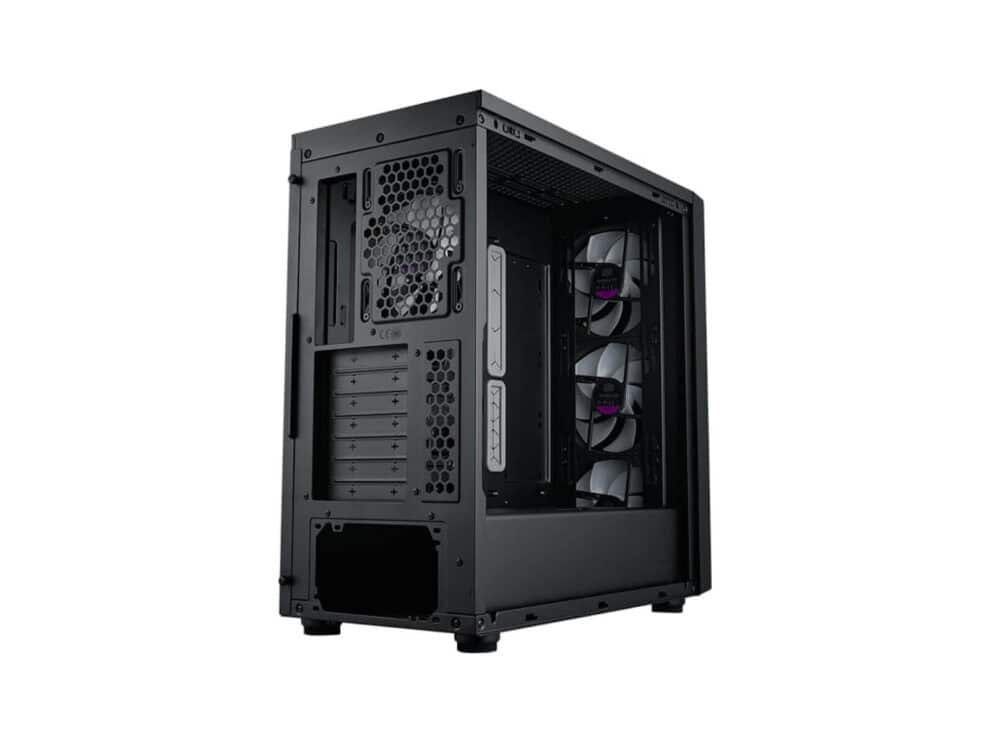 Open computer tower with cooling fans visible.