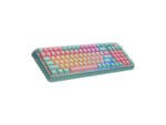 Rainbow-colored mechanical keyboard on white background.