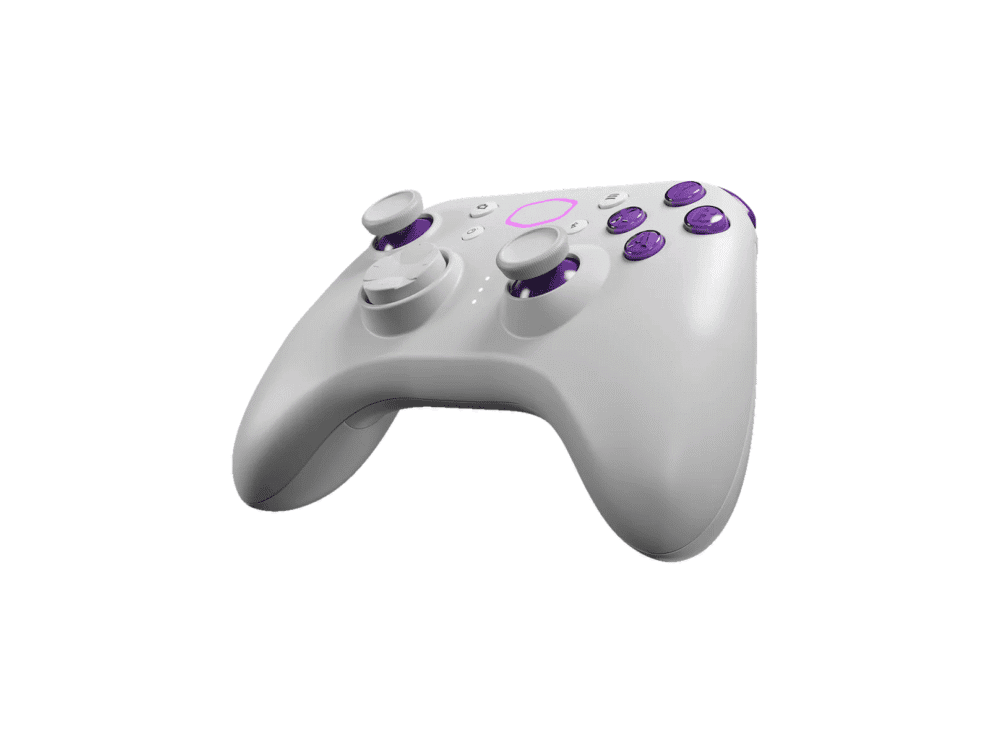White and purple gaming controller