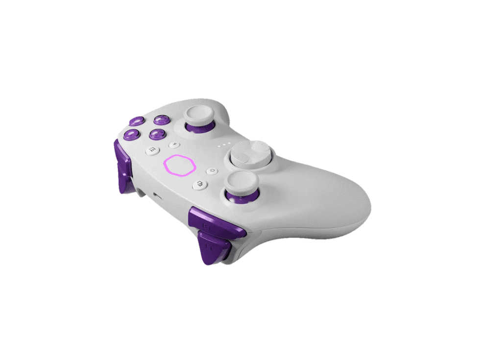 White and purple gaming controller.