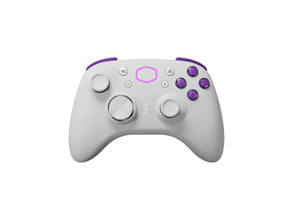White and purple gaming controller