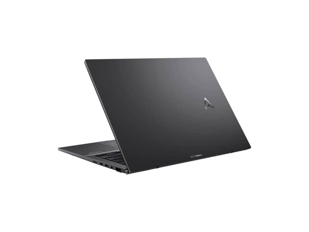 Sleek black laptop partially open