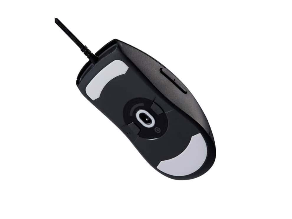 Bottom view of a wired computer mouse.