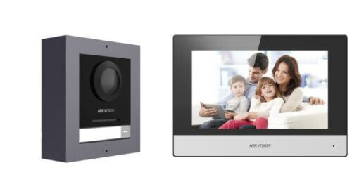 Hikvision doorbell and monitor with family image.