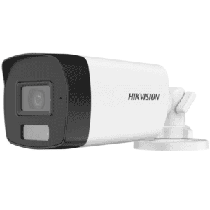 Hikvision outdoor security camera mounted on white background.