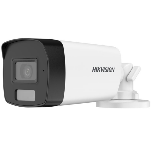 Hikvision outdoor security camera mounted on white background.