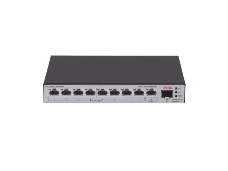 h3c smb s1600v2 10p hpwr layer 2 ethernet switch with 9x 10/100/1000mbps ethernet ports (8x poe+ ports) and 1x 1gbps sfp port, 125w poe+ capacity, ac psu