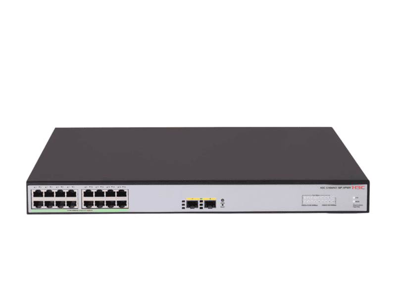 h3c smb s1600v2 18p hpwr layer 2 ethernet switch with 16x 10/100/1000mbps ethernet poe+ ports and 2x 1gbps sfp ports, 240w poe+ capacity, ac psu