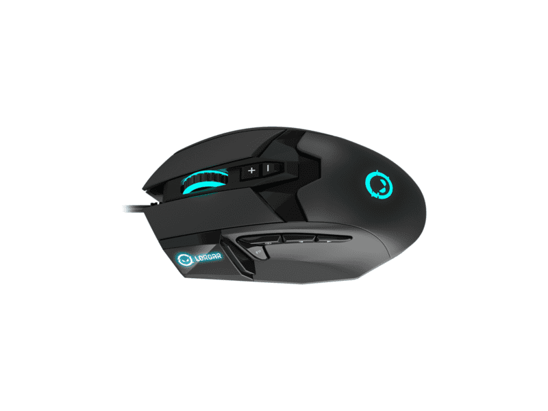 lorgar stricter 579, gaming mouse, 9 programmable buttons, pixart pmw3336 sensor, dpi up to 12 000, 50 million clicks buttons lifespan, 2 switches, built in display, 1.8m usb soft silicone cable, matt uv coating with glossy parts and rgb lights with 4 led flowing modes, size: 131*72*41mm, 0.127kg, black