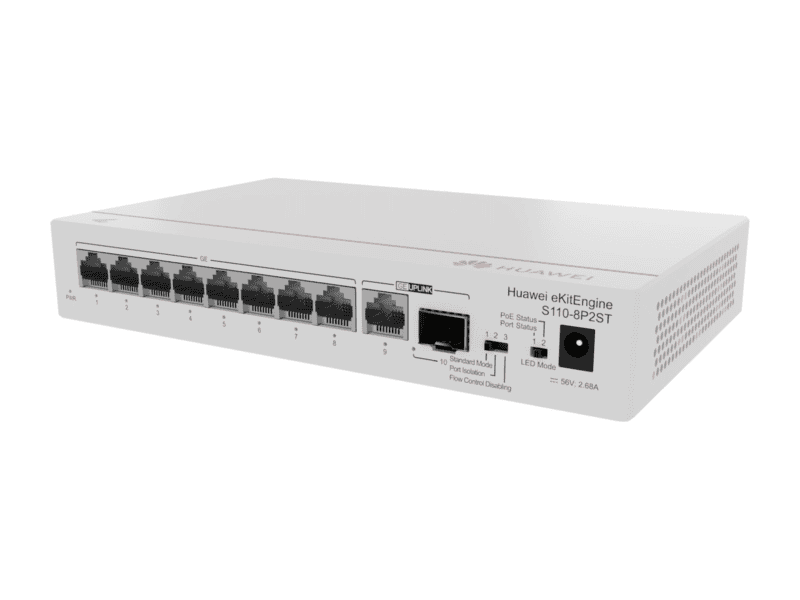 huawei s110 8p2st unmanaged switch 8 x 10/100/1000base t ports, poe+, 1 x ge sfp port, 1 x 10/100/1000base t port