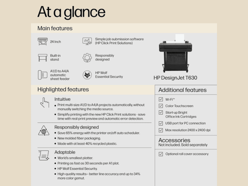 hp print, 30 sec/pages on a1, 76 a1 prints per hour, thermal inkjet, a4, a3, a2, a1, sheet feed,roll feed, automatic horizontal cutter, gigabit ethernet (1000base t), hi speed usb 2.0, wi fi 802.11a/b/g/n, wi fi direct.