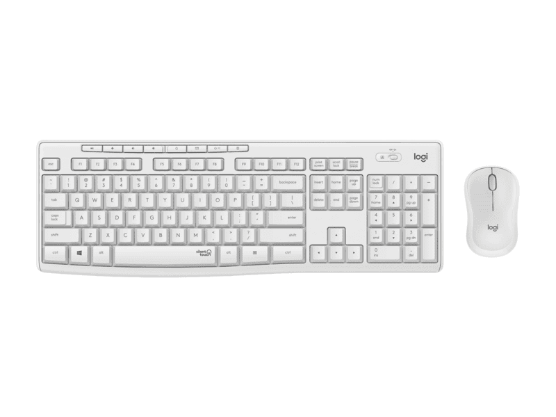 logitech full size kbm combo. silenttouch technology. 90% less typing noise. 2.4ghz connection. long battery life. 10 meter range, spill resistant keyboard, compact ambidextrous mouse.