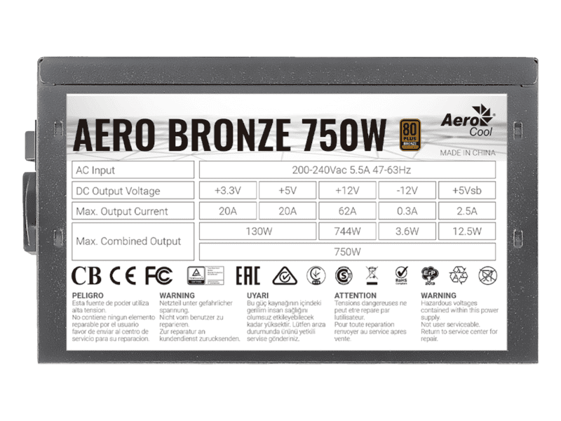 aerocool aero bronze 750w psu atx 24 pin; 1x 4+4pin cpu; 5x sata; 4x pata; 2x pcie 6+2pin