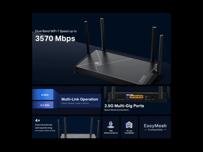 tp link be3600 dual band wi fi 7 router
