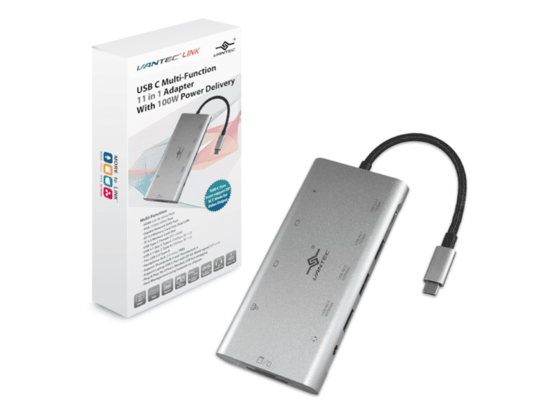 vantec usb c adaptor/1xhdmi/vga/rj45/sd card/micro sd/usb c/usb a/audio jack(3.5mm)/usb c 100w/ 2xusb a