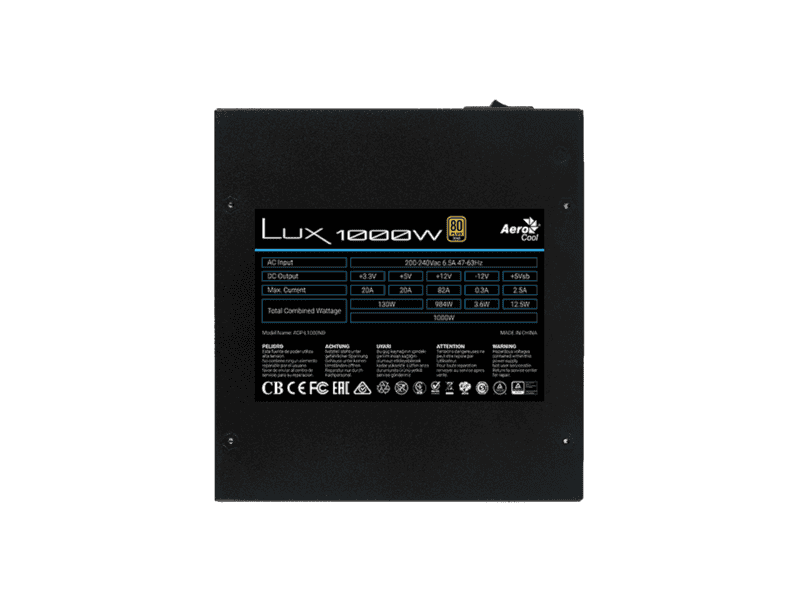 aerocool lux gold 1000w psu atx 24 pin; 1x 4+4pin cpu; 8x sata; 4x pata; 4x pcie 6+2pin.