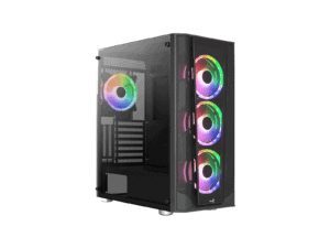 aerocool prism argb black mid tower case 120mm argb fan x 4; 6 port argb control hub atx 2x 2.5'' or 2x3.5'' 360 radiato