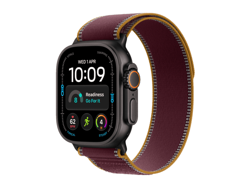 apple watch ultra 4 gps + cellular 49mm black titanium case with burgundy trail loop m/l, model a3579
