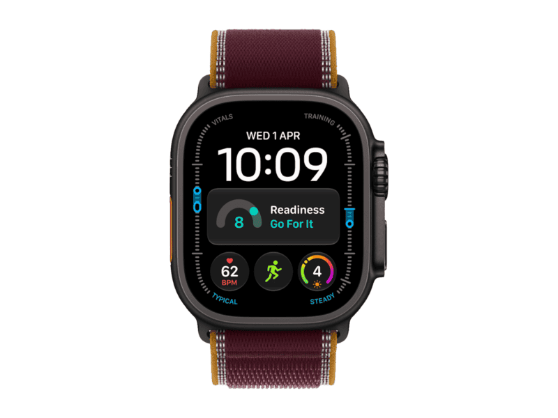 apple watch ultra 4 gps + cellular 49mm black titanium case with burgundy trail loop m/l, model a3579