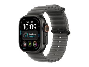 apple watch ultra 4 gps + cellular 49mm black titanium case with translucent black ocean band, model a3579