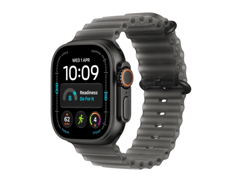apple watch ultra 4 gps + cellular 49mm black titanium case with translucent black ocean band, model a3579