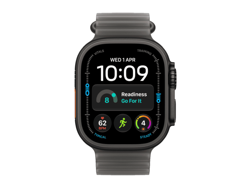apple watch ultra 4 gps + cellular 49mm black titanium case with translucent black ocean band, model a3579