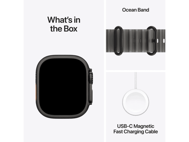 apple watch ultra 4 gps + cellular 49mm black titanium case with translucent black ocean band, model a3579