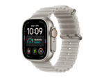 apple watch ultra 4 gps + cellular 49mm natural titanium case with translucent grey ocean band, model a3579