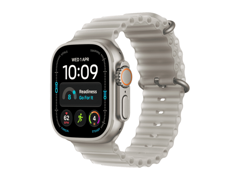 apple watch ultra 4 gps + cellular 49mm natural titanium case with translucent grey ocean band, model a3579