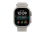 apple watch ultra 4 gps + cellular 49mm natural titanium case with translucent grey ocean band, model a3579