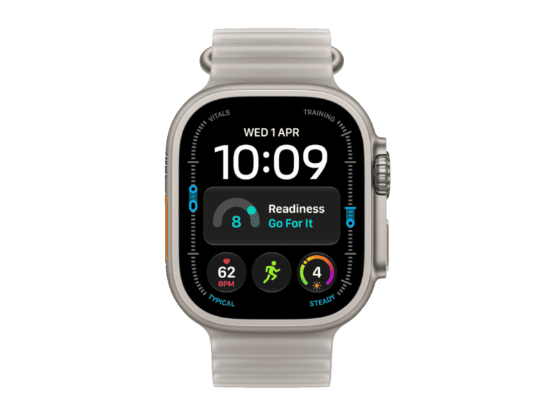 apple watch ultra 4 gps + cellular 49mm natural titanium case with translucent grey ocean band, model a3579