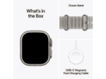 apple watch ultra 4 gps + cellular 49mm natural titanium case with translucent grey ocean band, model a3579