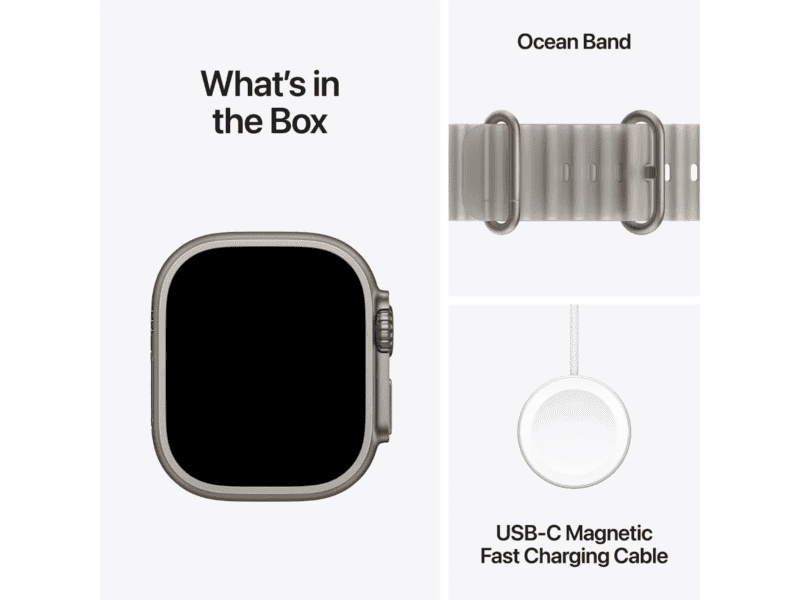 apple watch ultra 4 gps + cellular 49mm natural titanium case with translucent grey ocean band, model a3579