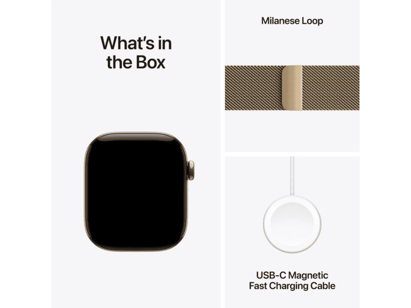 apple watch series 12 gps + cellular 42mm radiant gold titanium case with radiant gold milanese loop, model a3582